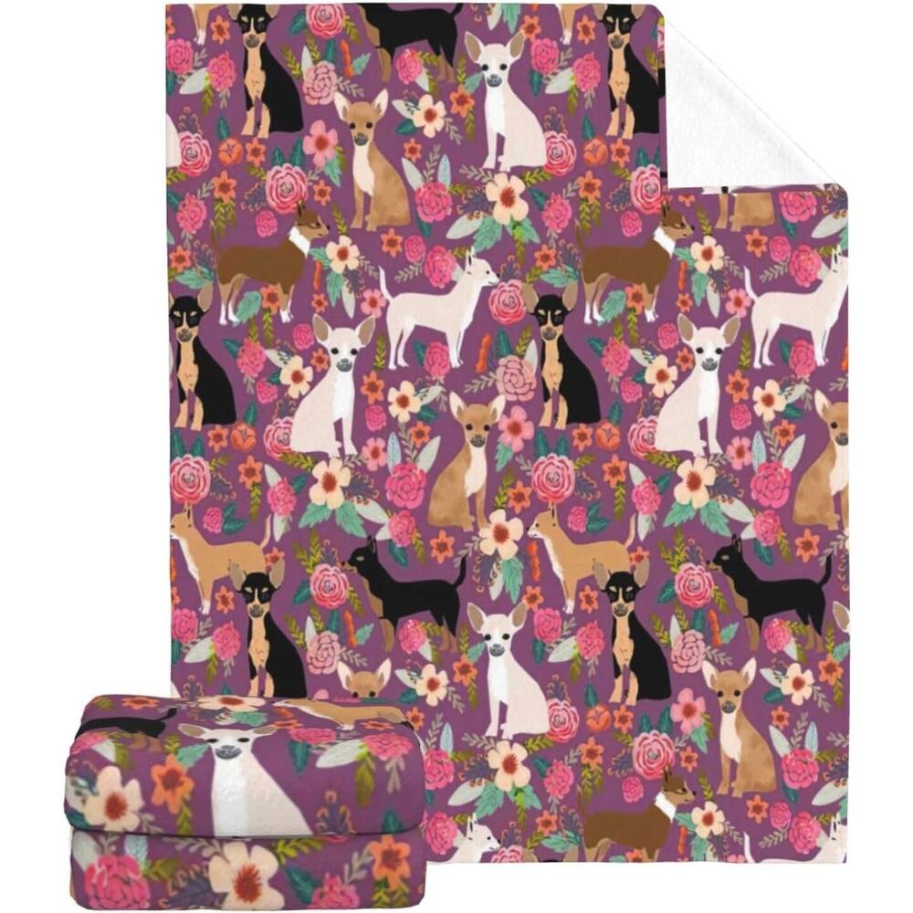 Chihuahua Dog Floral Pattern Flannel Throw Blanket Soft Cozy, Lightweight 80x60 - Picture 2 of 5